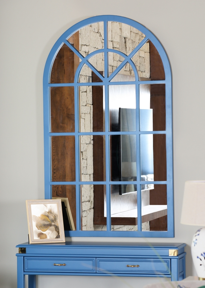 Decorative Window Effect  Wooden Wall Mirror In Blue