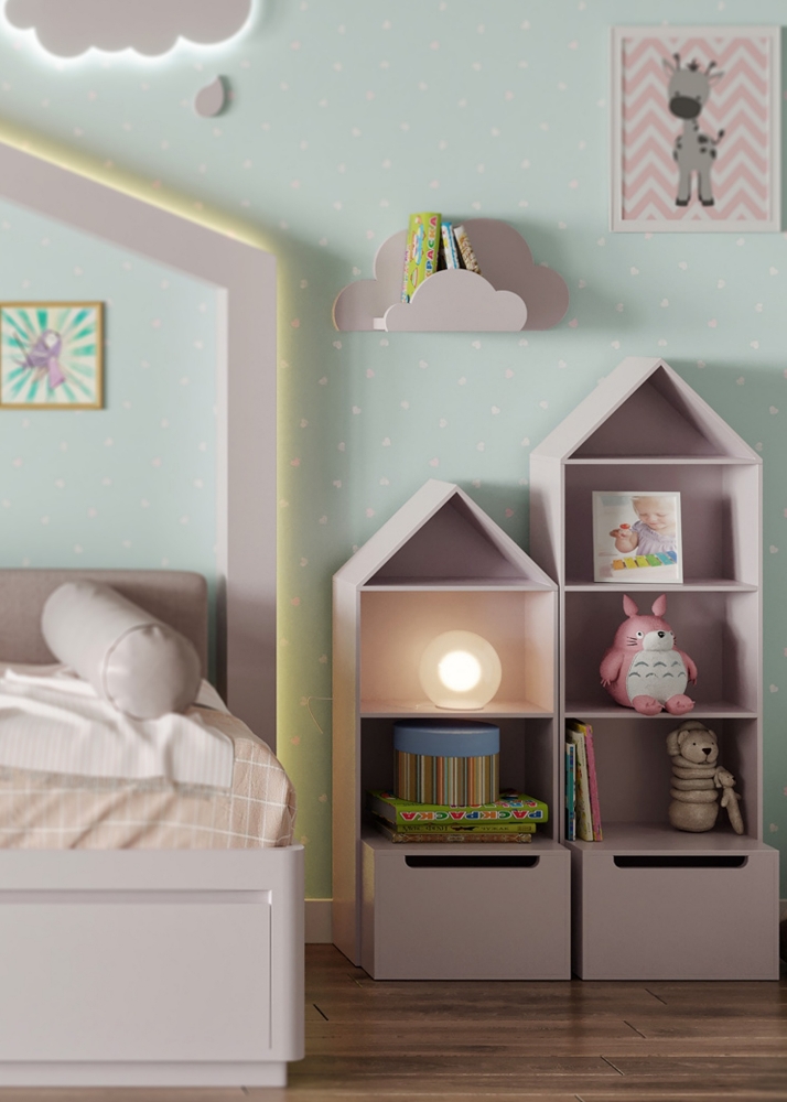 Kids Room Bookshelf with Drawer- Four Storeys Soft Pink