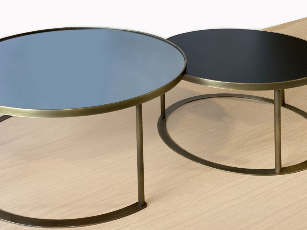 Smoked Grey Mirror and Black Lacquer Top Antique Brass Coffee Table Set