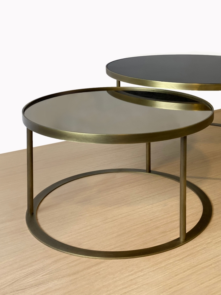 Black Lacquer and Bronze Mirror Top Antique Brass Coffee Table Set