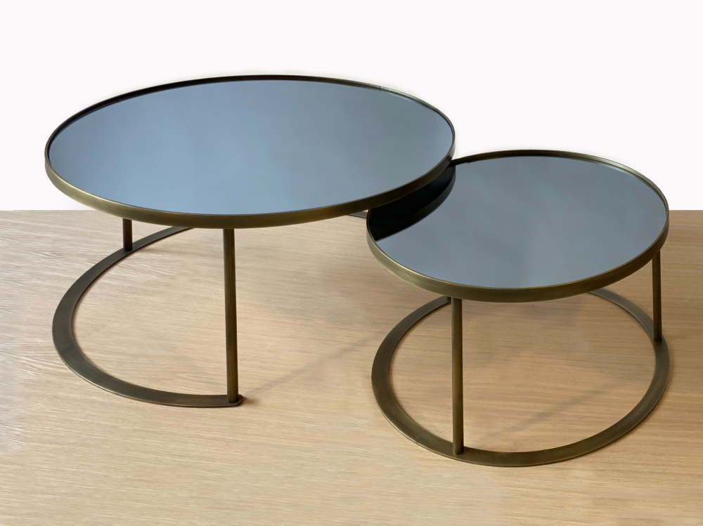 Smoked Grey Mirror Top Antique Brass Coffee Table Set
