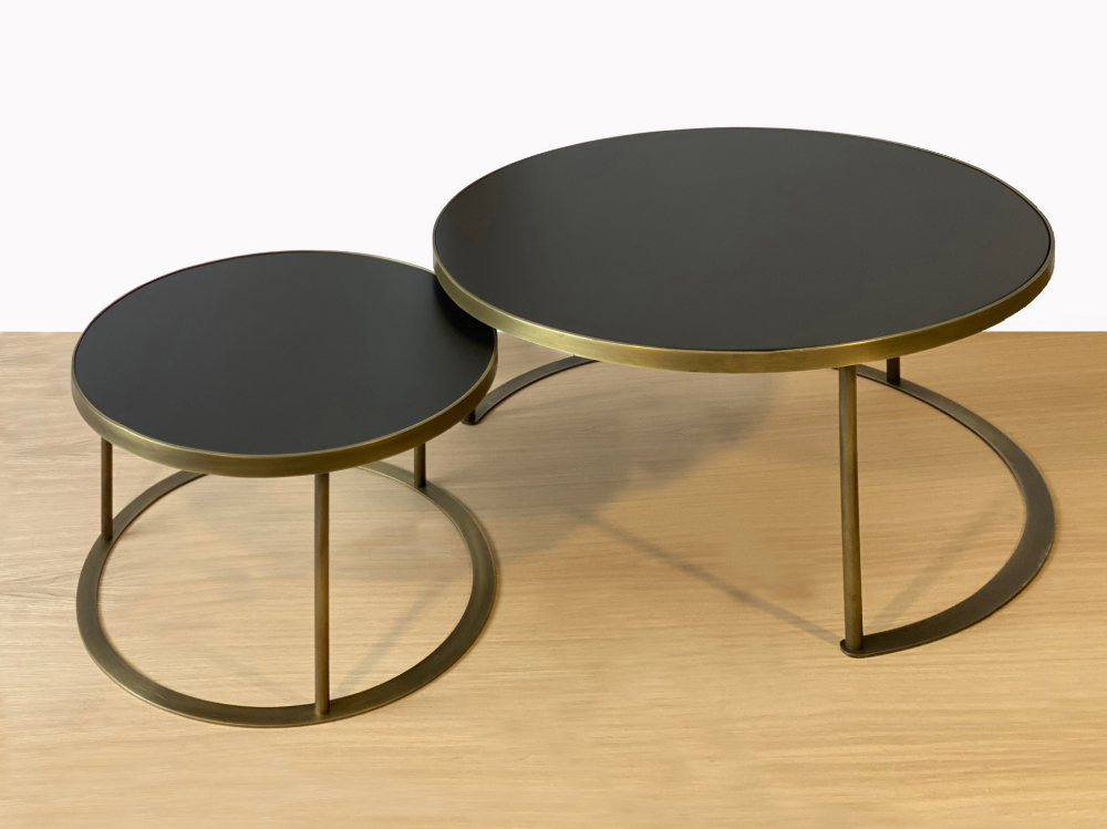 Black Lacquer Top Antique Brass Coffee Table Set