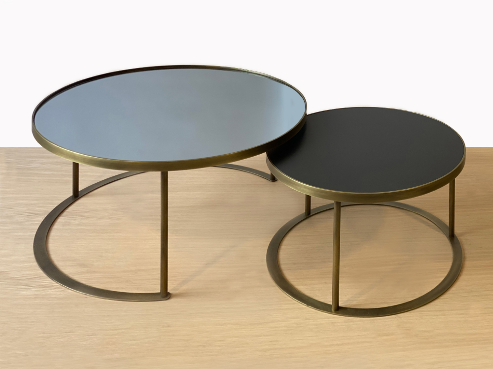 Smoked Grey Mirror and Black Lacquer Top Antique Brass Coffee Table Set