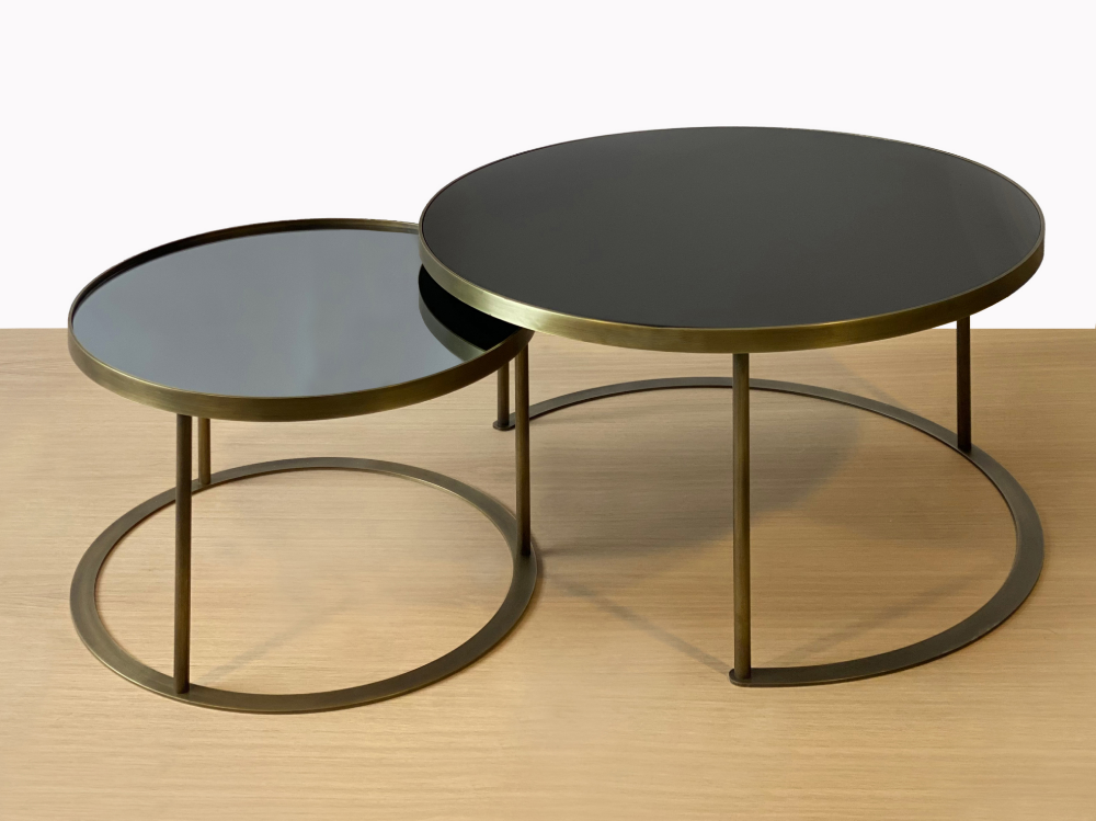 Black Lacquer and Smoked Grey Mirror Top Antique Brass Coffee Table Set