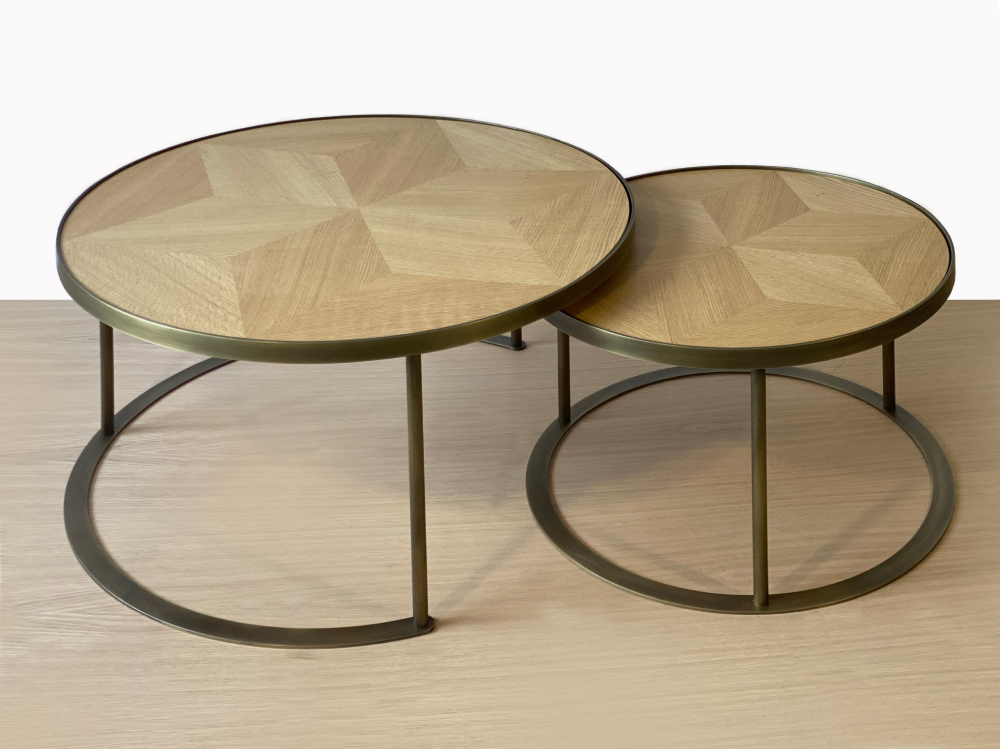 Marquetry Top Antique Brass Coffee Table Set