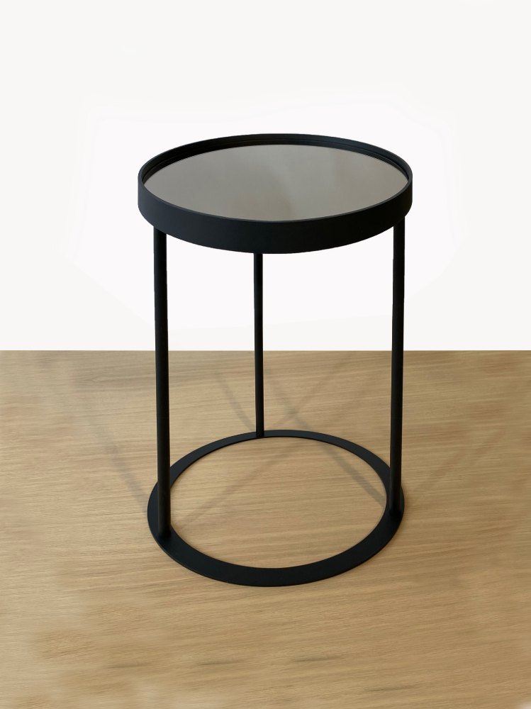 Black Metal Side Table Base with Smoked Grey Mirror Top