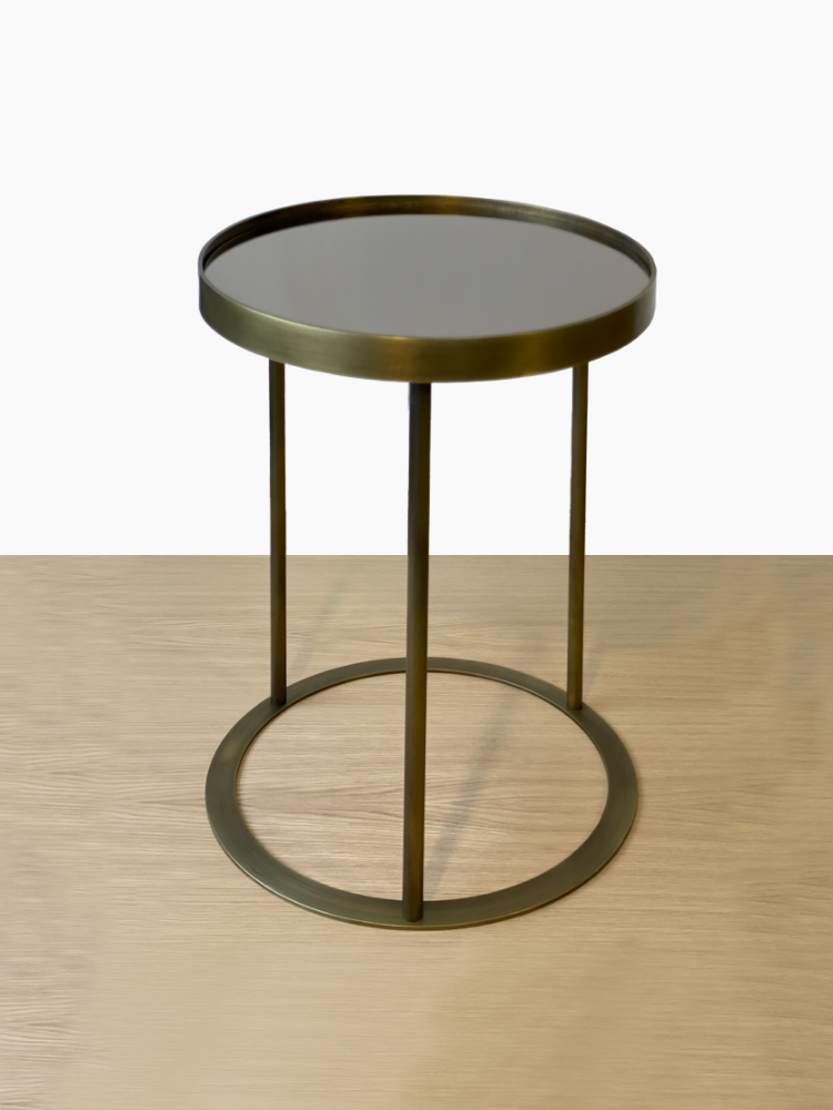 Brass Metal Side Table Base with Smoked Grey Mirror Top