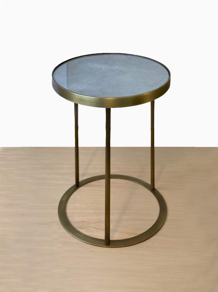 Brass Metal Side Table Base with Grey  Porcelain Top